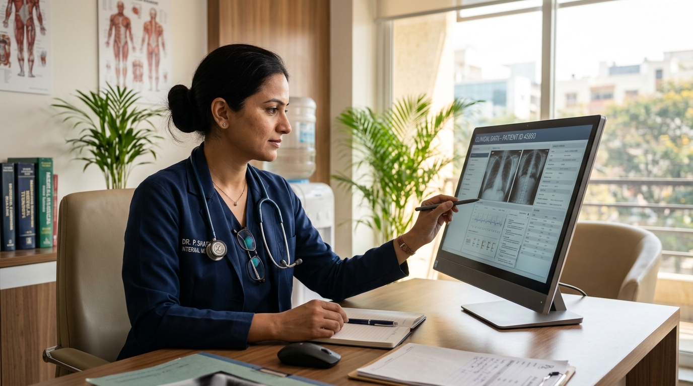 Doctor conducting clinical consultation in Indian clinic