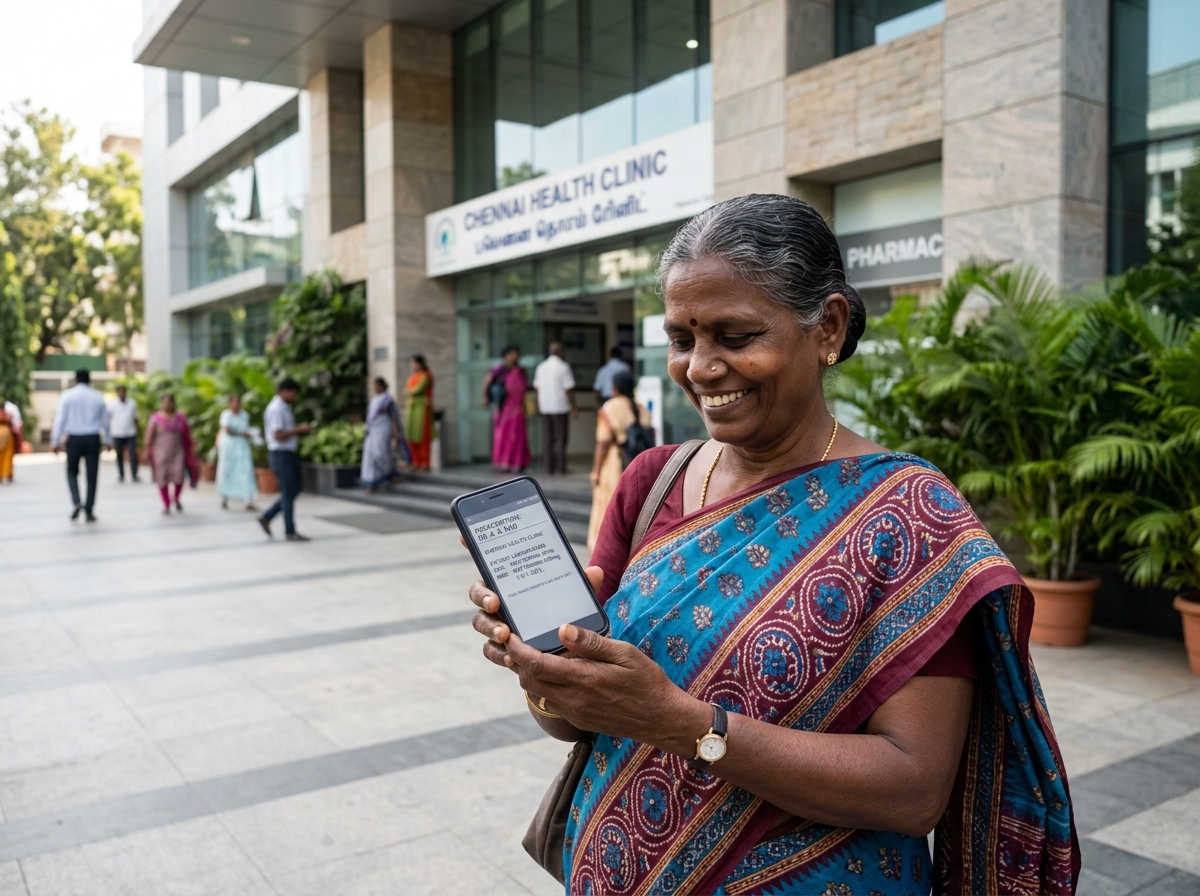 Indian patient happily checking digital prescription on smartphone outside clinic